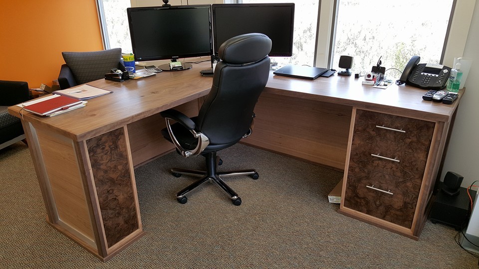 Large L-shape office desk with exotic wood inlaid